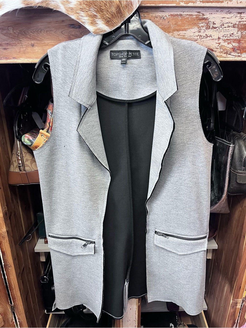 Topshop PETITE Light Gray Sleeveless Blazer Vest with Black Inner Panel